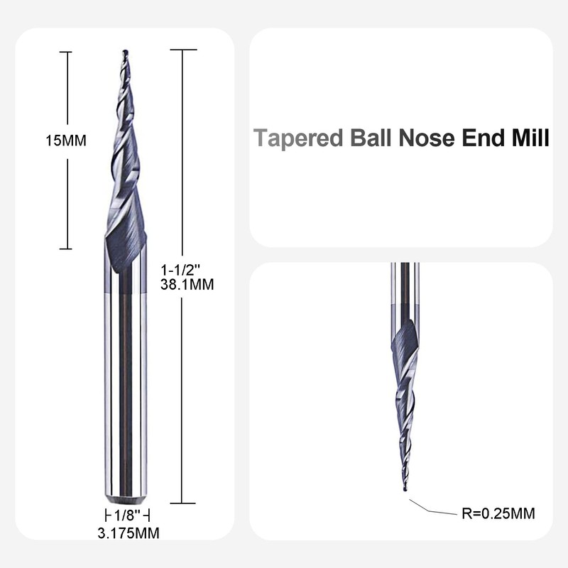 SpeTool Tapered Spiral End Mill Ball Nose Router Bit, 0.25