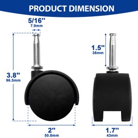 MySit 2-Inch Stem Caster Wheels, Stem 8 x 38mm or 5/16-Inch Diameter and 1.5 inch Long - Set of 5