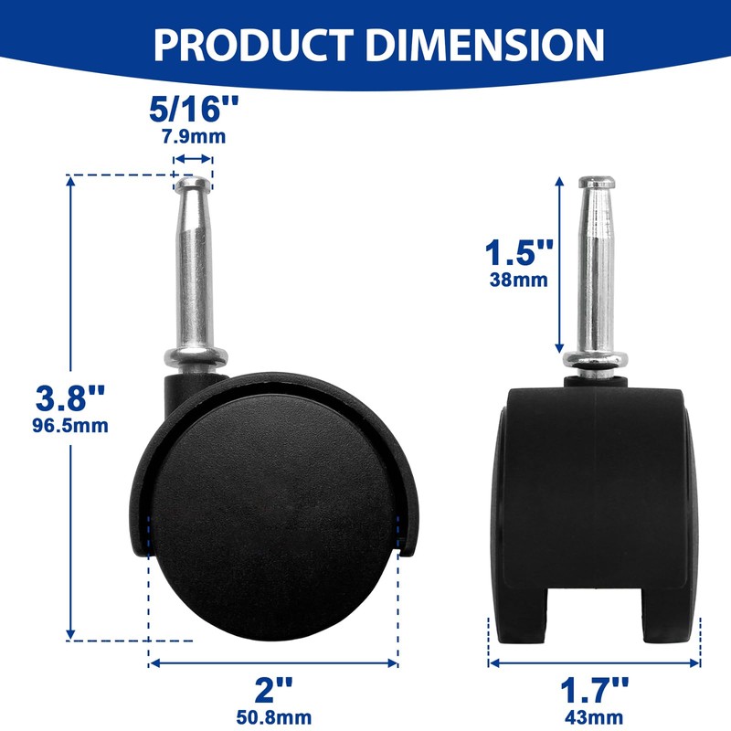 MySit 2-Inch Stem Caster Wheels, Stem 8 x 38mm or