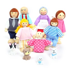 DUOCIYUAN Dollhouse Dolls, 11 Pieces Dollhouse Figures with Cat and Dog Dolls Family Set Wooden Doll Toy for Children Doll Families Bending Dolls for Mini Dolls Accessories Gift
