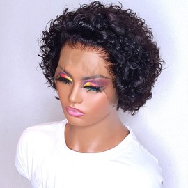 PORSMEER Real Hair Wig, Full Lace Front, Black Afro Kinky Curly Bob Wig, Short Curly Hair Wig for Women, Black, 150 Density, 100% Brazilian Real Hair for Women