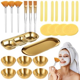 OMISTAR Juego de 26 Suministros de Esteticista con Cuencos Faciales Dorados Bandejas de Acero Inoxidable Esponjas y Brochas Aplicadoras