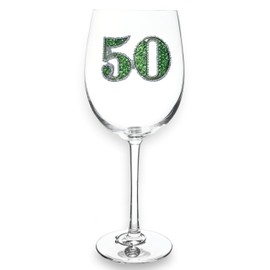 THE QUEENS' JEWELS 50th Birthday Jeweled Stemmed Wine Glass, 21 oz. - Unique Gift for Women, Birthday, Cute, Fun, Not Painted, Decorated, Bling, Bedazzled, Rhinestone