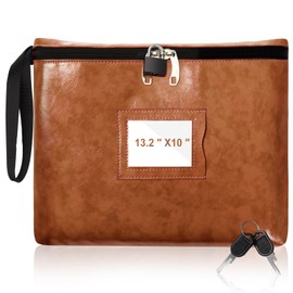 Notary Bag with Lock 13.2 * 10 Inches Purple Leather Notary Supply Bag with handle Cash Bag Locking Document Bag with 2 keys Money Bank Deposit Bag with Zipper for Record Book Stamp Passport (Brown)