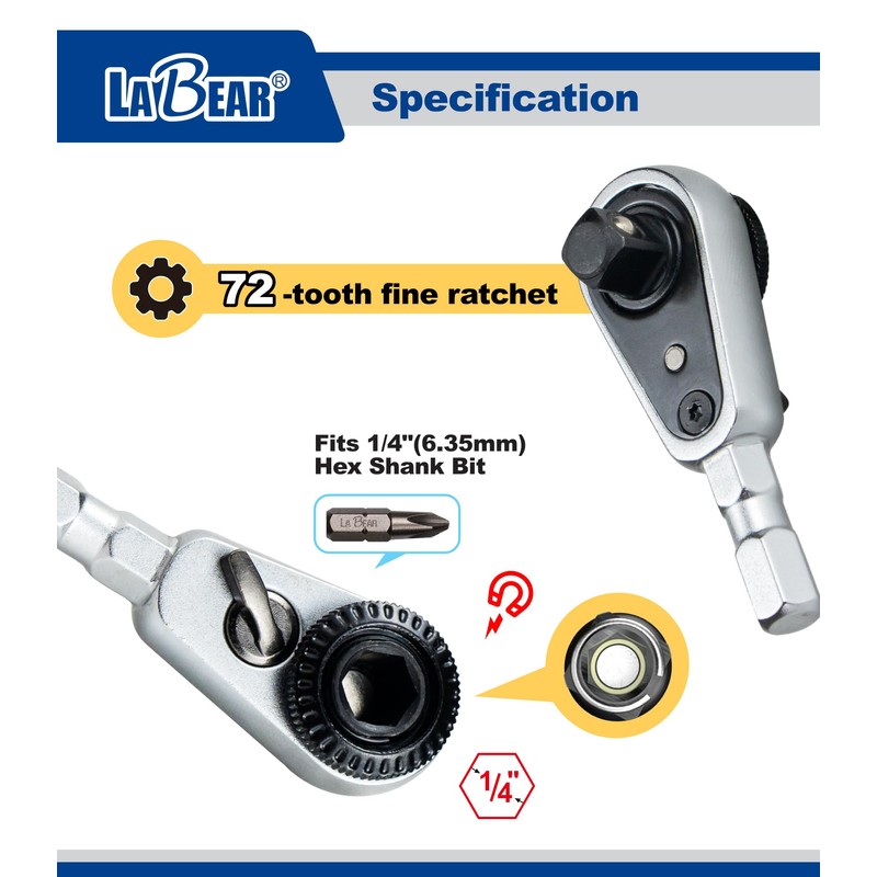 LABEAR 2-in-1 Mini Ratchet Wrench Adapter, Magnetic 1/4" Hex Bit