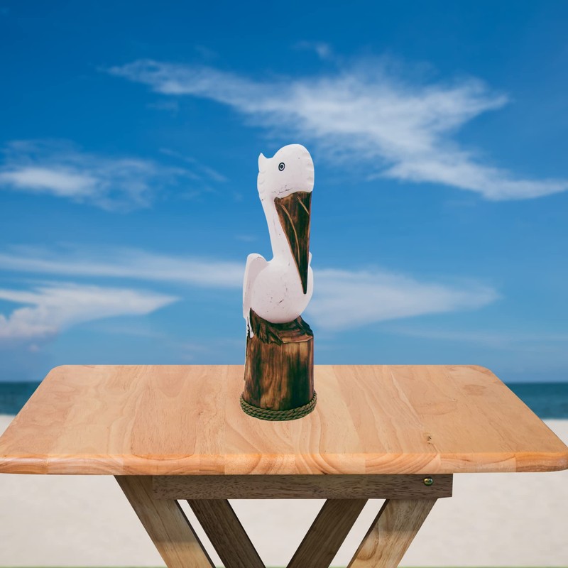 Pelican Sitting on Piling Wooden Figurine Statue, Freestanding Nautical Décor,