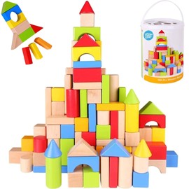 Pidoko Kids Building Blocks for Toddlers 1-3, 100 Pcs Wooden Blocks - Includes Storage Bucket and Shape Sorter Lid - Montessori Wood Block Gifts For Preschool Boys & Girls