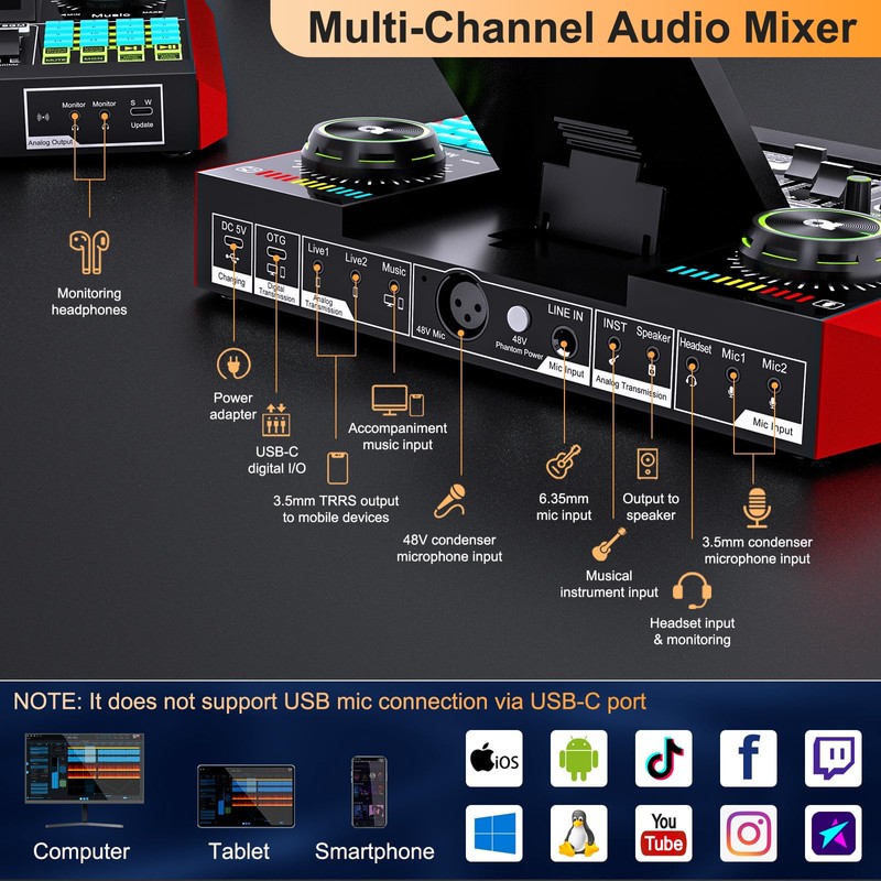 tenlamp G10 Gaming Audio Mixer, Audio Interface with 3.5mm/XLR Microphone