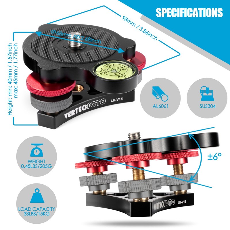 VERTECFOTO 【Upgraded+】 Tripod Leveling Base :Support 1/4" and 3/8" Both