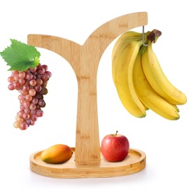 Eorbow Double Hooks Banana Hanger Stand, 14 Inch Wood Banana Holder, Stable Banana Hanger Keeper for Kitchen Countertop