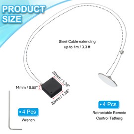 PATIKIL 3.3 Ft Retractable Remote Control Tether, 4 Pcs Square Security Cable Lanyard Lock with Adjustable Clasp Adhesive for TV Remote Control Controller, Black(Round Iron Cap)