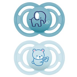 MAM Perfect Dummy, Set of 2, for Healthy Teeth and Jaw Development, Made from Sustainable & Bio-Renewable Materials, with Dummy Box, 6–16 Months, Elephant/Bear