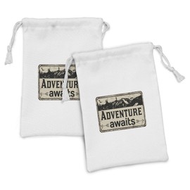 Ambesonne Saying Fabric Pouch Set of 2, Vintage Rusty Sign Style Mountains and Lettering Print Illustration, Small Drawstring Bag for Toiletries Masks and Favors, 9" x 6", Grey Yellow Charcoal Grey