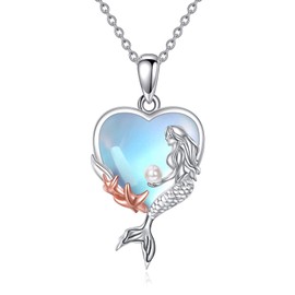 KQF Mermaid Necklace for Women Sterling Silver Mermaid Jewelry Moonstone Pendant Necklace Ocean Heart Necklace Gifts for Women