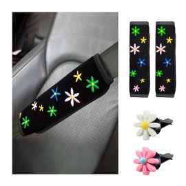 Augeny Cute Flower Seat Belt Cover Pad, Embroidery Cute Flower Car Accessories Set with 2 Air Vent Clip Flowers, Universal Automotive Interior Decorations for Women Girls