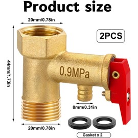 Raheem Safety Valve 0.8 MPa Brass Pressure Relief Valve for Water Heaters 1/2 Inch Internal Thread x 1/2 Inch Male Thread with Seals for Safe Pressure Reduction, Pack of 2
