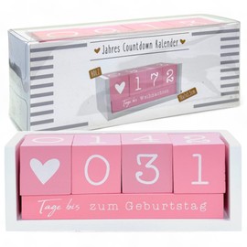 MIJOMA Yearly Countdown Calendar Cube Wooden - Permanent Year Table Calendar - Versatile Countdown to 432 Days for Special Occasions (White/Pink)