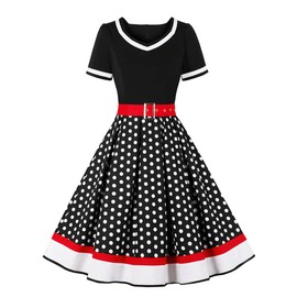 Women V Neck 50's Polka Dots Vintage Cocktail Swing Dress with Belt Short Sleeve 1950's Audrey Hepburn Style Rockabilly Prom Dress Knee Length A Line Wedding Party Formal Homecoming Dress A#Black L