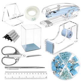 SUPEASY Blue Desk Organiser and Accessories, Office Supplies, 10-Piece Set for Office with Stapler, Tape Dispenser, Pens, Pen Holder, Phone Holder, Tape, Ruler, 1 Box Booklet, Scissors and 1 Box Clip