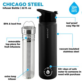 GROSCHE Chicago Stainless Steel Tea Infuser Flask | Beverage Bottle | Hot & Cold Drinks | Loose Leaf Tea Infuser | Travel Convenience Water Bottle | 22 fl oz, Black