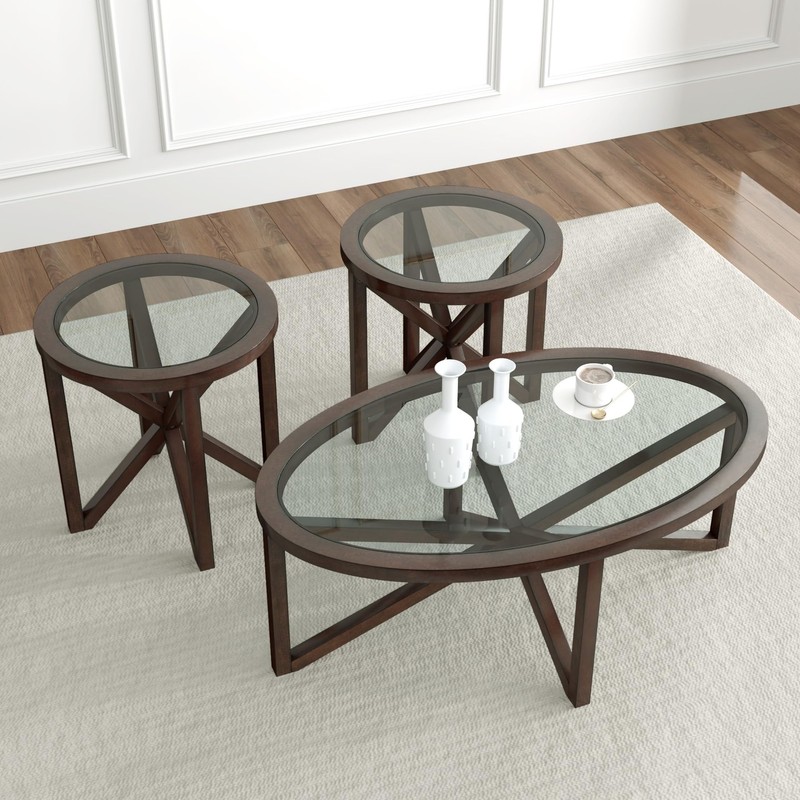 Polibi Modern Oval Glass Coffee Table, Solid Wood Base Tempered