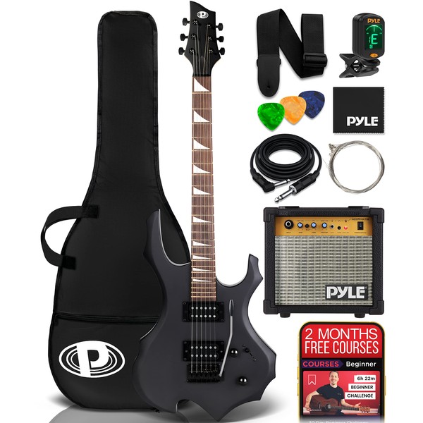 Pyle Heavy Metal Electric Guitar Axe w/ Amplifier Kit, Full Size Instrument w/ Practice Amp & Accessories, Black