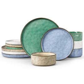 LIANYU 12 Piece Dinnerware Sets, Stoneware Tableware Dish Set for 4, Plates and Bowls Dishware for Dinner Dessert Pasta, Chip & Scratch Resistant, Multi-color