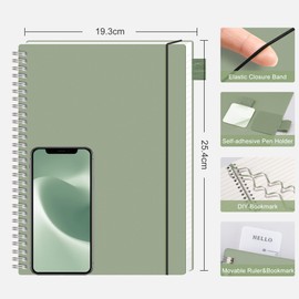 RETTACY B5 Journal Notebook, Spiral Notebook 140 Pages/70 Sheets Lined for Women Men,Writing Notepad with 100gsm Paper,PVC Pocket, Pen Loop, Ruler, Bookmark,19 x 25 cm- Light Green