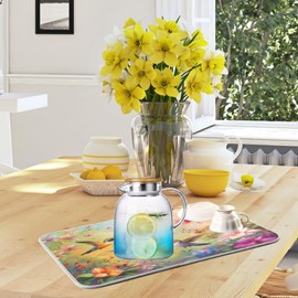 Vivid Pattern Extra Large Kitchen Dish Drying Mat, Beautiful Hummingbirds Family Flowers Absorbent Slip-Resistant Table Protector Multipurpose Counter Rack Sink Drainer Pad,18" x 24"