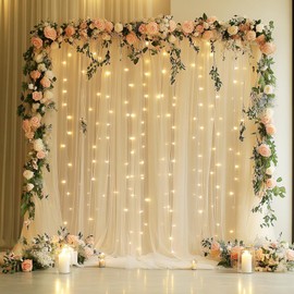 Xiomot Tulle Backdrop Curtain with Lights String 10FT X 8FT Champagne Sheer Tulle Backdrop Curtains for Wedding Birthday Party Reception Photo Booth Background Decorations (2 Panels 5x8FT)