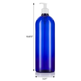 JUVITUS 32 oz Cobalt Blue Boston Round PET Plastic Bottles with White Lotion Pump (2 pack)