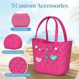 Kcizloz Small Rubber Tote Bag with 5 Charms Cute Beach Tote Small Rubber Bags for Women (Hot Pink)