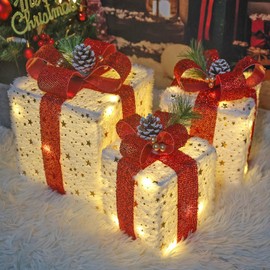 Christmas Decorations：Set of 3 Christmas Lighted Gift Boxes Plush Xmas Decor with 60 LED Warm White Fairy Lights for Christmas Tree Skirt Indoor Outdoor Porch Holiday Decor