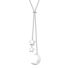 DAOCHONG Long Chain Dainty Necklace Simple Style 925 Sterling Silver Star Moon Pendant Adjustable Y Shaped Necklace Jewelry Gift for Women