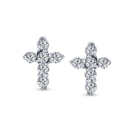 Minimalist Petite Religious Small CZ Cross Stud Earrings For Women Unisex Cubic Zirconia .925 Sterling Silver
