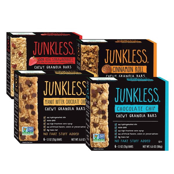 Junkless JUNKLESS Chewy Granola Bar Variety Pack, 24 bars (6 x 1.1 oz bars/box – 4 boxes), Non-GMO, low sugar, great tasting, perfect for kids & families