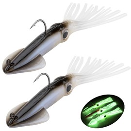 Fishing Squid Lures Kit Pre-rigged Squid Lure Glow In the Dark Squid Jig Octopus Artificial Bait Saltwater Sea Fishing Lures Sinking Lure 35g 2Pcs