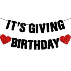 JunyRuny It's Giving Birthday Black Glitter Banner, Happy Birthday Banner, sweet 16/18th/21st Birthday/30th/40th/50th/60th Birthday Decorations for Women/Man
