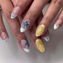 Summer Vibes Press on Nails Short Almond Fake Nails with Fresh Lemon,Floral Design - Reusable Artificial Nails Glossy Full Cover Glue on Nails Stick on Nails for Women Manicure 24Pcs