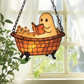 Ghost Reading Suncatcher – Acrylic Christmas Tree Decor for Book Lovers – Funny Cute Ghost in Bathtub Ornament – Spooky for Readers & Bookworms (Sun-46)