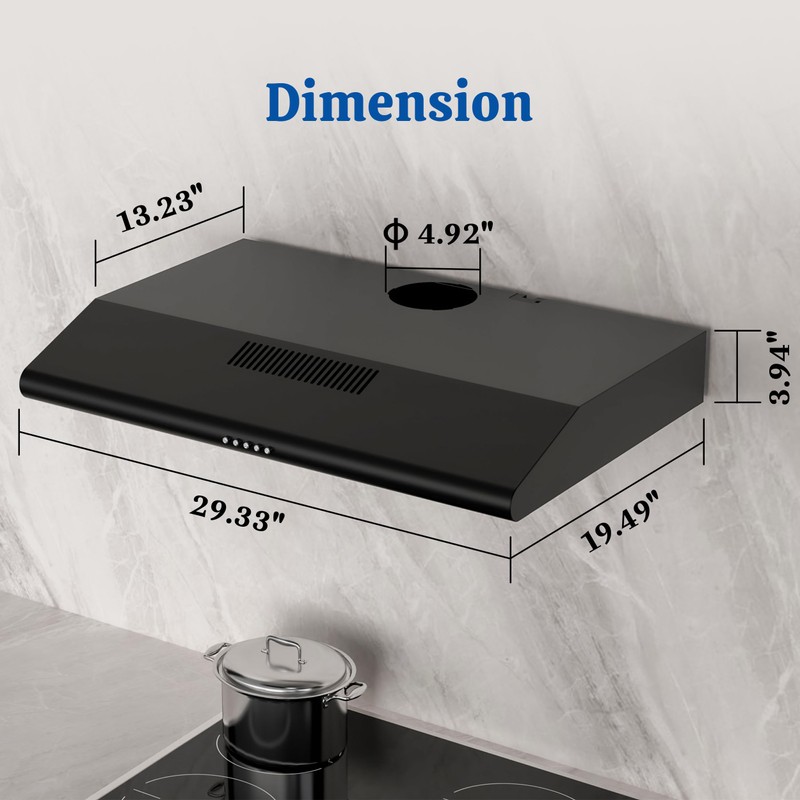 FIREGAS Black Under Cabinet Range Hood 30 Inch, Ducted/Ductless Convertible