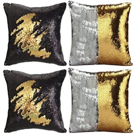 MOCOFO Magic Flip Sequin Decorative Throw Pillow Covers 16x16-2 Silver to Gold + 2 Gold to Black Premium Suede Back Pillowcases for Kids Room, Holiday Glam Decor