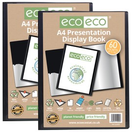 eco-eco A4 Size 50% Recycled 60 Pocket Black Presentation Display Book, Storage Case Portfolio Art Folder with Plastic Sleeves, (Pack of 2), eco020x2