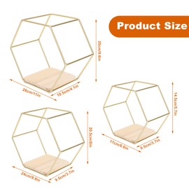 MEKOTRIN 3Pcs Floating Shelves with Pine Board, Golden Hexagon Shape Wall Mounted Storage Shelves Decorative Wall Display Shelves for Bedroom Living Room Kitchen Bathroom Decoration