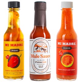 Hot Sauce Trio Set by Mi Madre, Pique Puerto Rico Hot Sauce, Guava, StickerMule Mule Sauce, 5 Fl Oz (Pack of 3)