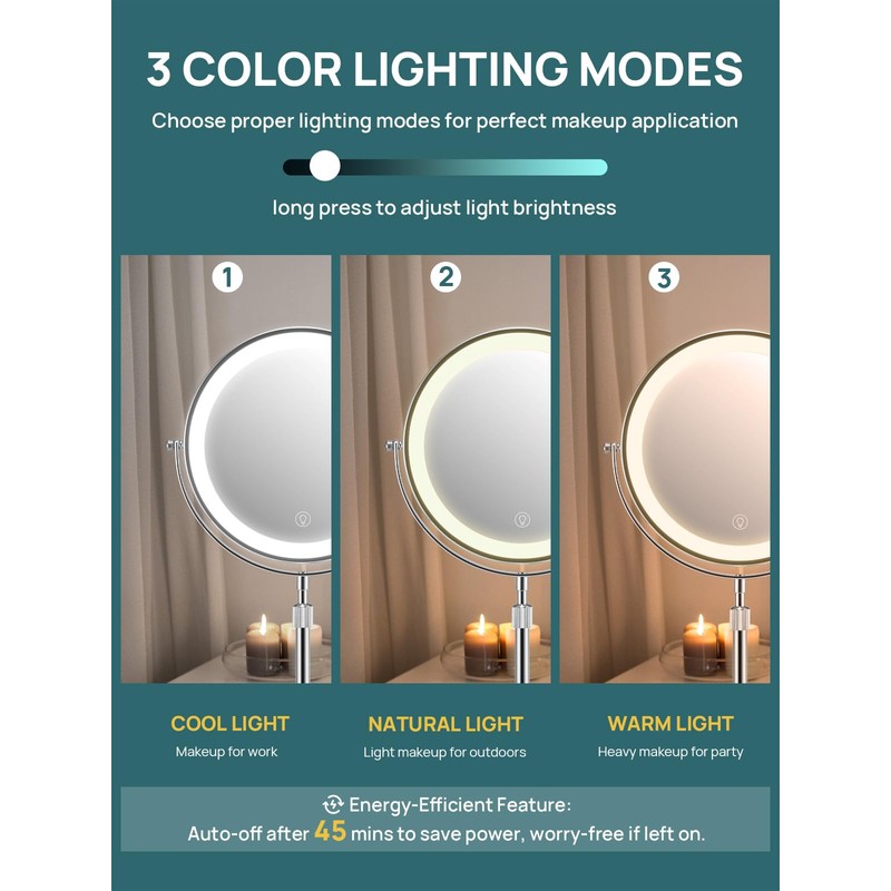 OMIRO 8.5 Inches Lighted Mirror with 3X/10X Magnifications, Double Sided