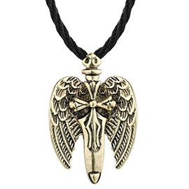 Wings Necklace for Men, Norse Viking Wings Sword Cross Pendant Necklace with 19.7” Chain, Vintage Angel Totem Amulet Necklace, Hip Hop Necklace, Punk Cross Wings Jewelry (Gold)