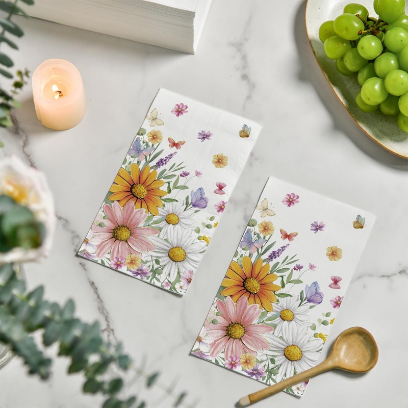100 Spring Summer Disposable Paper Decorative Guest Napkins, Floral and
