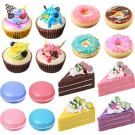 16 Pcs Fake Food Realistic Artificial Toy Donuts Cupcake Fake Slice Cake Artificial Simulation Macaron, Artificial Food for Display PU Foam Fake Realistic Food Props for Home Shop Party Decorations