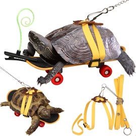 FOWSRHRG Adjustable Tortoise Leash and Funny Skateboard Set with Curly Grass Decor, Harness and Training Skateboard for Turtle Bearded Dragon Pet Toys(fit for Turtles with a Back Length of 5.1-6.3'')